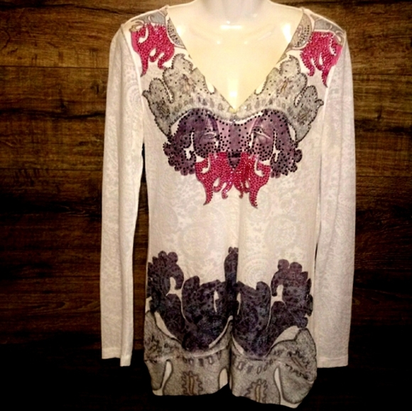 One World Top Size M Waffle Rhinestone Paisley NEW - Picture 2 of 16